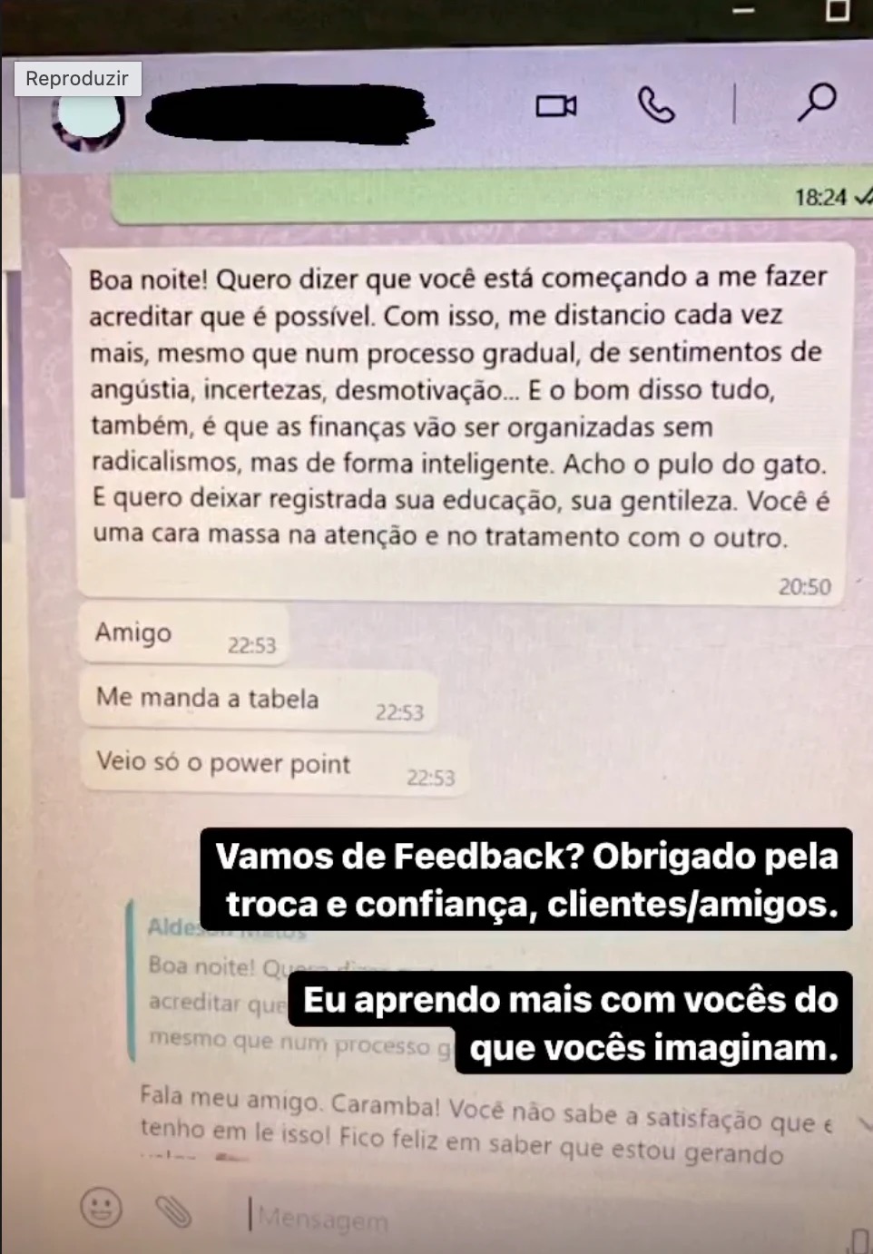 Reação de cliente — evolução patrimônio